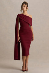 Leah | Burgundy Asymmetric-Neck Midi Dress With Cape-Sleeve And Draped Detailing