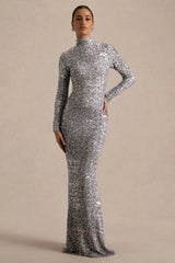 Galaxy | Silver Sequin Turtle-Neck Long-Sleeve Maxi Dress