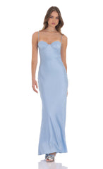 Open Back Satin Maxi Dress in Light Blue