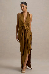 Lynette | Olive Satin Plunge-Neck Maxi Dress With Asymmetric Hem