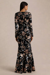 Lyric | Black Floral Velvet And Sequin High-Neck Maxi Dress