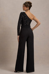 Upgrade | Black Lace Asymmetric Belted Wide-Leg Jumpsuit