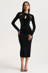 Francine | Black Velvet Round-Neck Midi Dress With Cut-Out Details