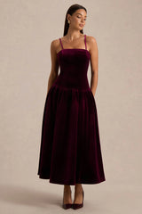 Violetta | Burgundy Velvet Bandeau Midi Dress With Drop-Waist And Gathered Skirt