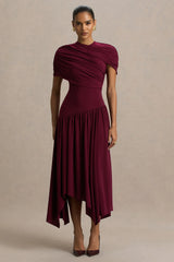 Ione | Burgundy Wrapped Midi Dress With Hanky Hem