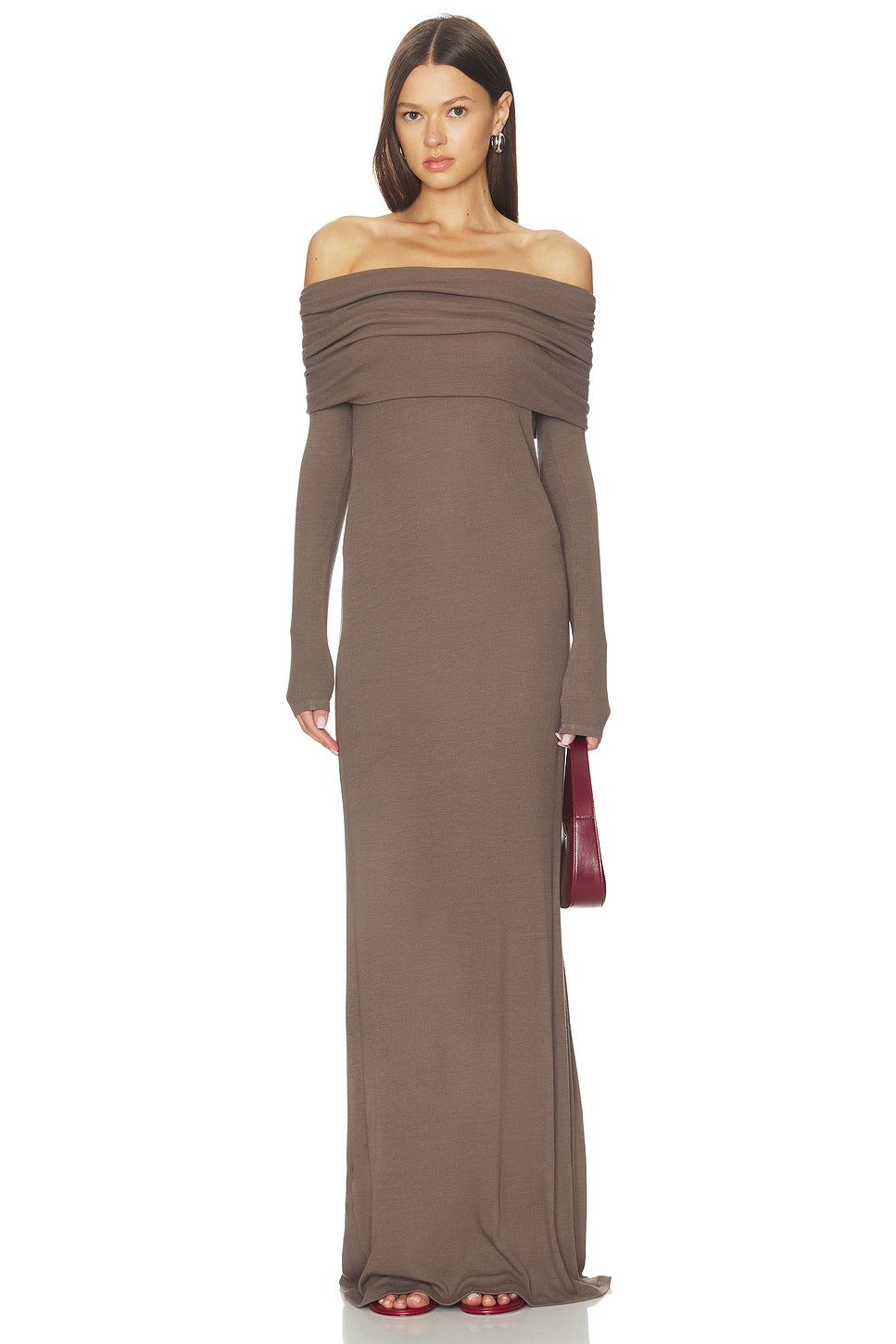 Silk Rib Off Shoulder Fluid Dress