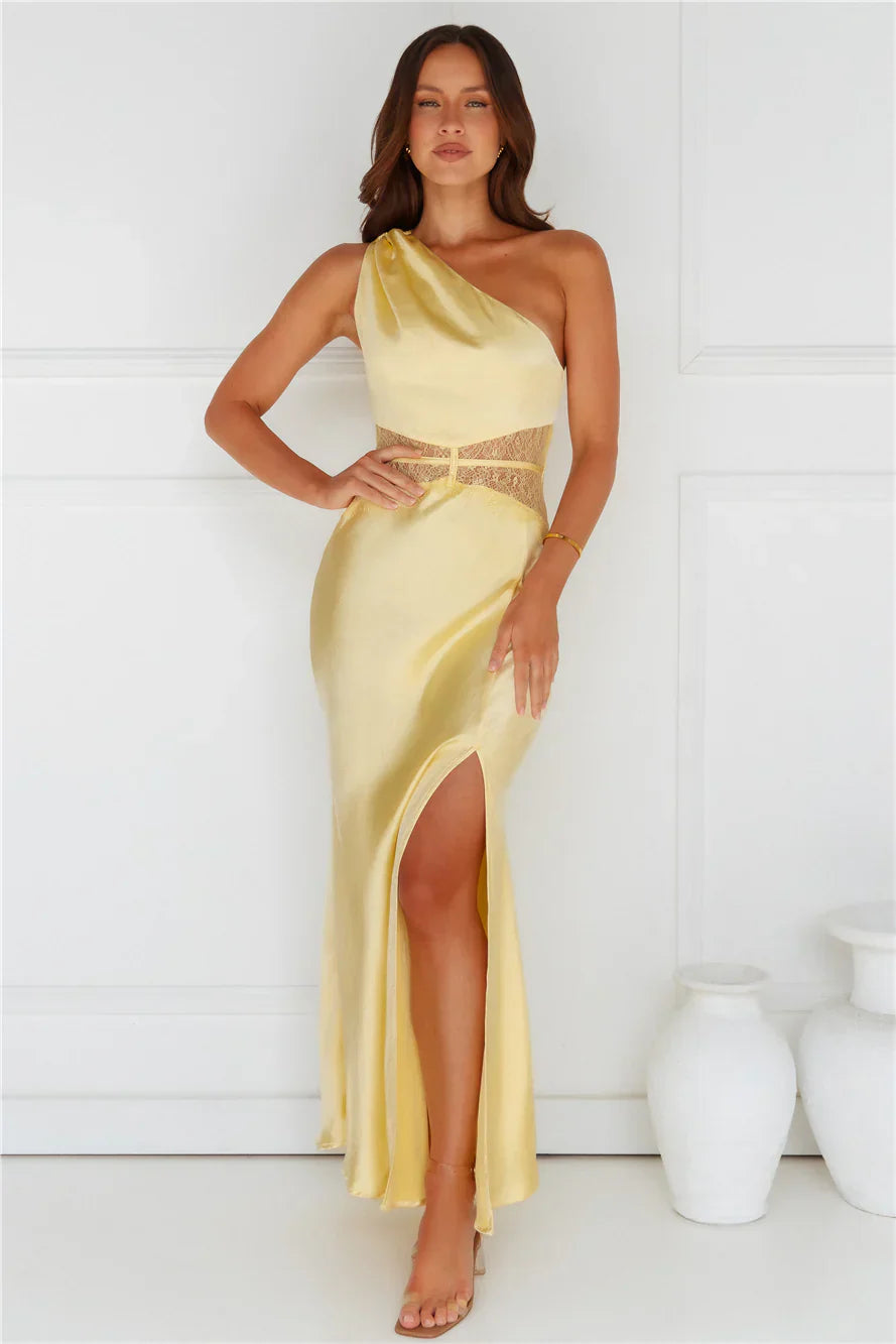 Show You Love One Shoulder Satin Maxi Dress Yellow
