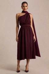 Caluna | Burgundy Satin Asymmetric-Neck Midi Dress With Scarf-Detail
