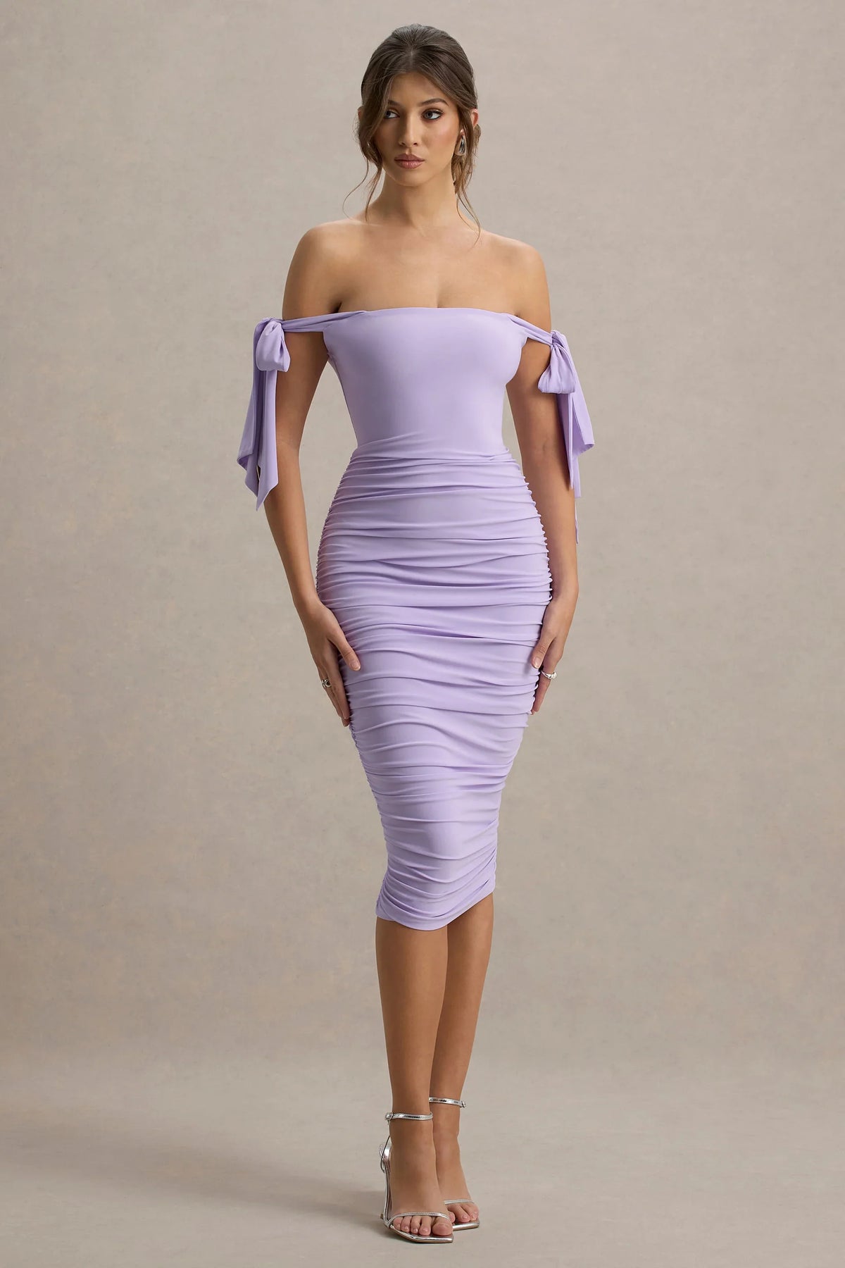 Citrus | Lilac Bardot Bodycon Midi Dress With Bow Sleeves