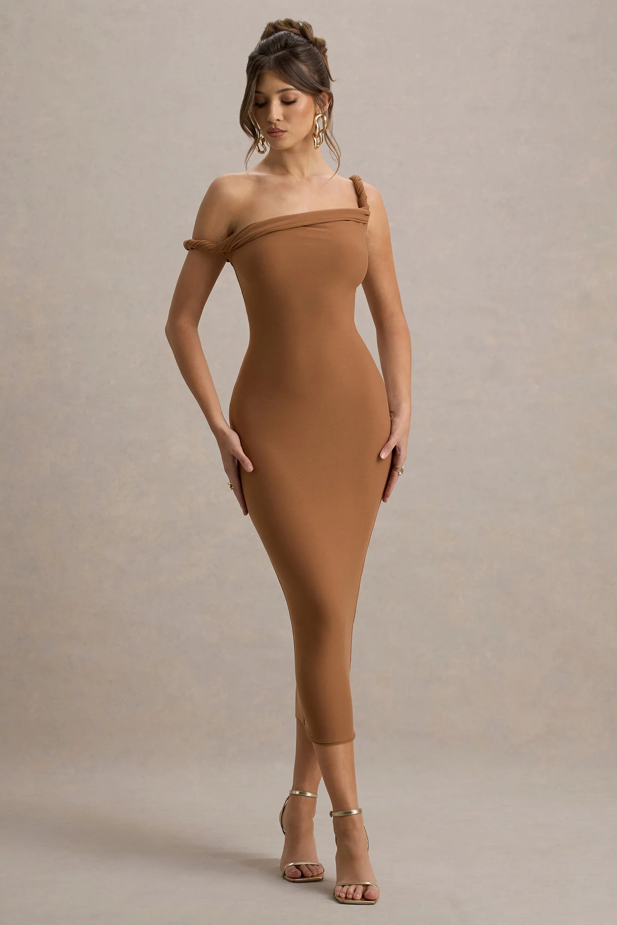 Salome | Brown Twisted Asymmetric Midi Dress