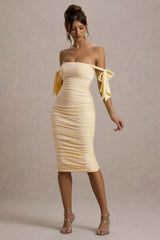 Citrus | Pale Lemon Bardot Bodycon Midi Dress With Bow Sleeves