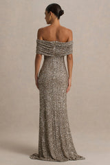 Melina | Champagne Sequin Bardot-Neck Maxi Dress