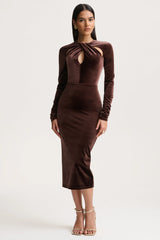 Francine | Brown Velvet Round-Neck Midi Dress With Cut-Out Details
