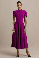Vicky | Mulberry High Neck Midi Dress With Puff Sleeves