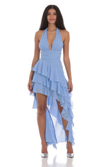 Asymmetrical Ruffle Maxi Dress in Blue