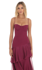 Long Ruffle Maxi Dress in Plum