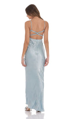 Crinkle Satin Open Back Maxi Dress in Sky Blue