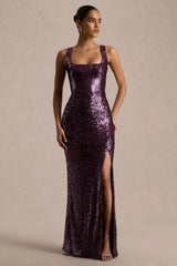 High Life | Plum Sequin Square-Neck Maxi Dress With Front-High Split