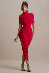 Enchant | Red Asymmetric Twisted Cape Midi Dress