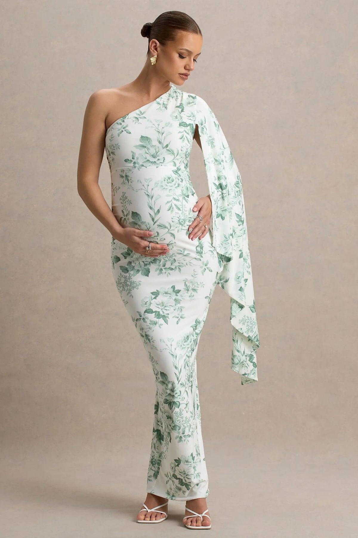 Aliana | Green Porcelain Print Asymmetric Maternity Maxi Dress With Ruched Detailing