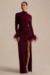 Gatsby | Burgundy High-Neck Maxi Dress With Feather Trim Cuffs