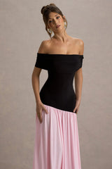 Venezia | Black & Pink Bardot Maxi Dress With Drop-Waist