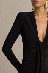 Ivara | Black Plunge-Neck Midi Dress With Ruched Detailing And Sash