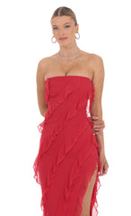 Mesh Ruffle Strapless Maxi Dress in Red