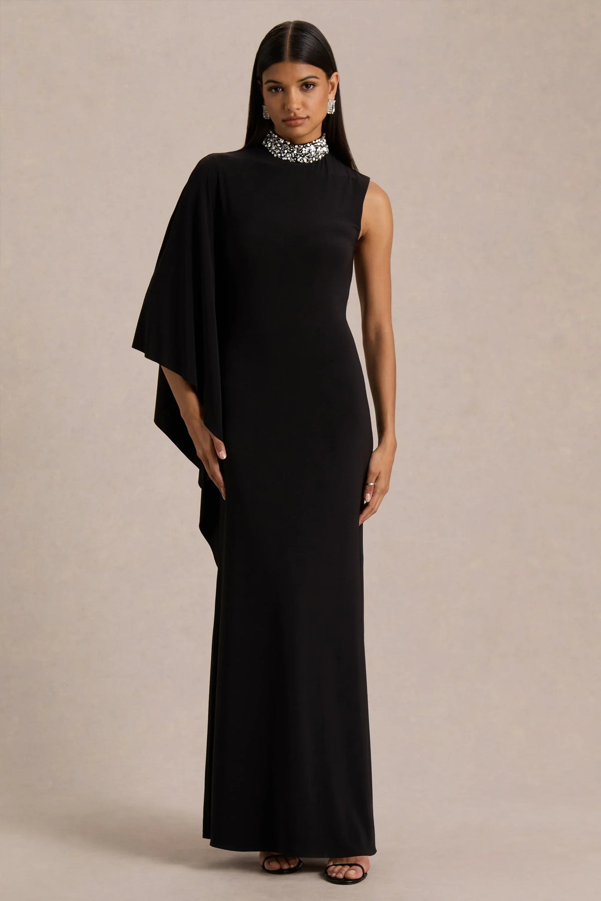Oriana | Black Embellished High-Neck Maxi Dress With One-Cape Sleeve