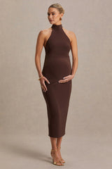 Mireille | Brown Halter-Neck Maternity Midi Dress