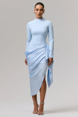 Raffie | Powder Blue Long-Sleeve Midi Dress With Satin Wrap Skirt