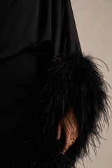 Felicity | Black Satin Asymmetric-Neck Maxi Dress With Feather Detailing