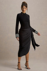 Luanna | Black Satin Long-Sleeve Midi Dress With Draped Skirt And Embellised Cuffs