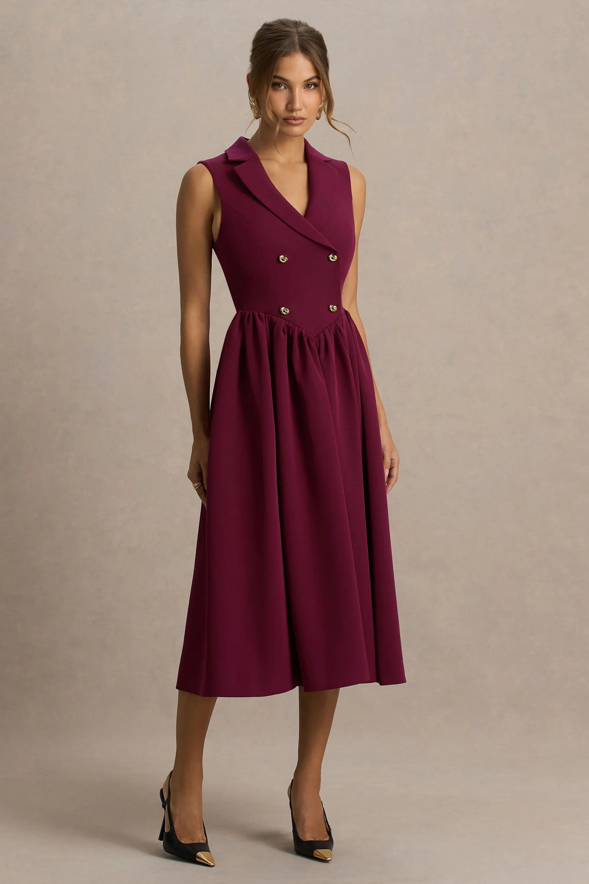 Lisa | Burgundy Plunge-Neck Tailored Midi Dress