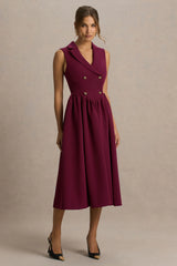 Lisa | Burgundy Plunge-Neck Tailored Midi Dress