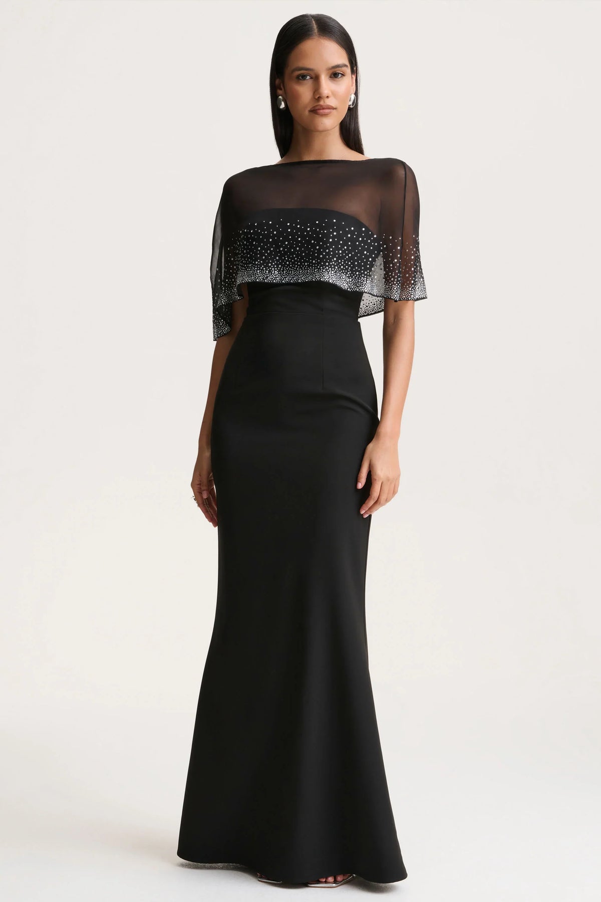 Everly | Black Hand-Embellished Cape-Sleeve Maxi Dress