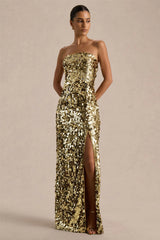 Nerea | Gold Sequin Bandeau Maxi Dress With Front High-Split