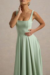 Parina | Light Green Strappy Volume-Hem Midi Dress