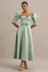 Rosey | Green Satin Sweetheart Midi Dress