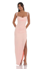 Suede Draped Lace Maxi Dress in Pink