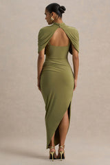 Enchant | Olive Asymmetric Twisted Cape Midi Dress