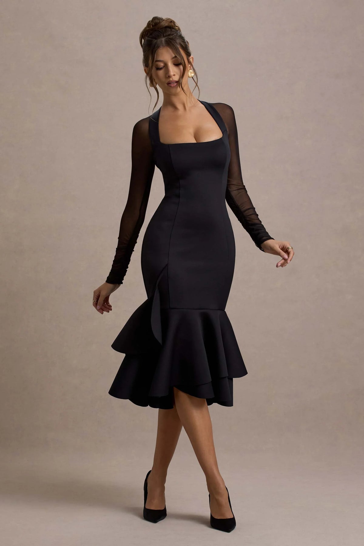 Sander | Black Mesh Long-Sleeve Ruffle-Hem Midi Dress