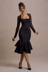 Sander | Black Mesh Long-Sleeve Ruffle-Hem Midi Dress