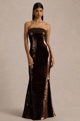 Leona | Brown Sequin Bandeau Maxi Dress With Satin Trim