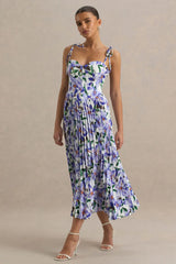 Peyton | Purple Lily Print Satin Sweetheart-Neck Midi Dress With Pleated Details