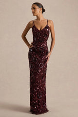 Gemini | Burgundy Floral Sequin Embellished Strappy Maxi Dress