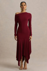 Isola | Burgundy Asymmetric-Neck Midi Dress With Drop-Waist