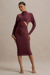 Pandora | Burgundy Long-Sleeve Midi Dress With Cut-Out