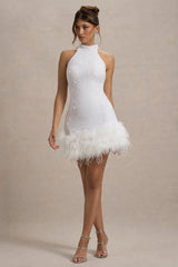 Lumi | White Sequin High-Neck Feather Trim Mini Dress