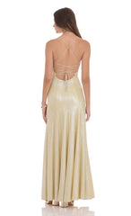 Shimmer Draped Open Back Maxi Dress in Gold